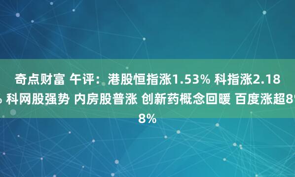 奇点财富 午评：港股恒指涨1.53% 科指涨2.18% 科网股强势 内房股普涨 创新药概念回暖 百度涨超8%